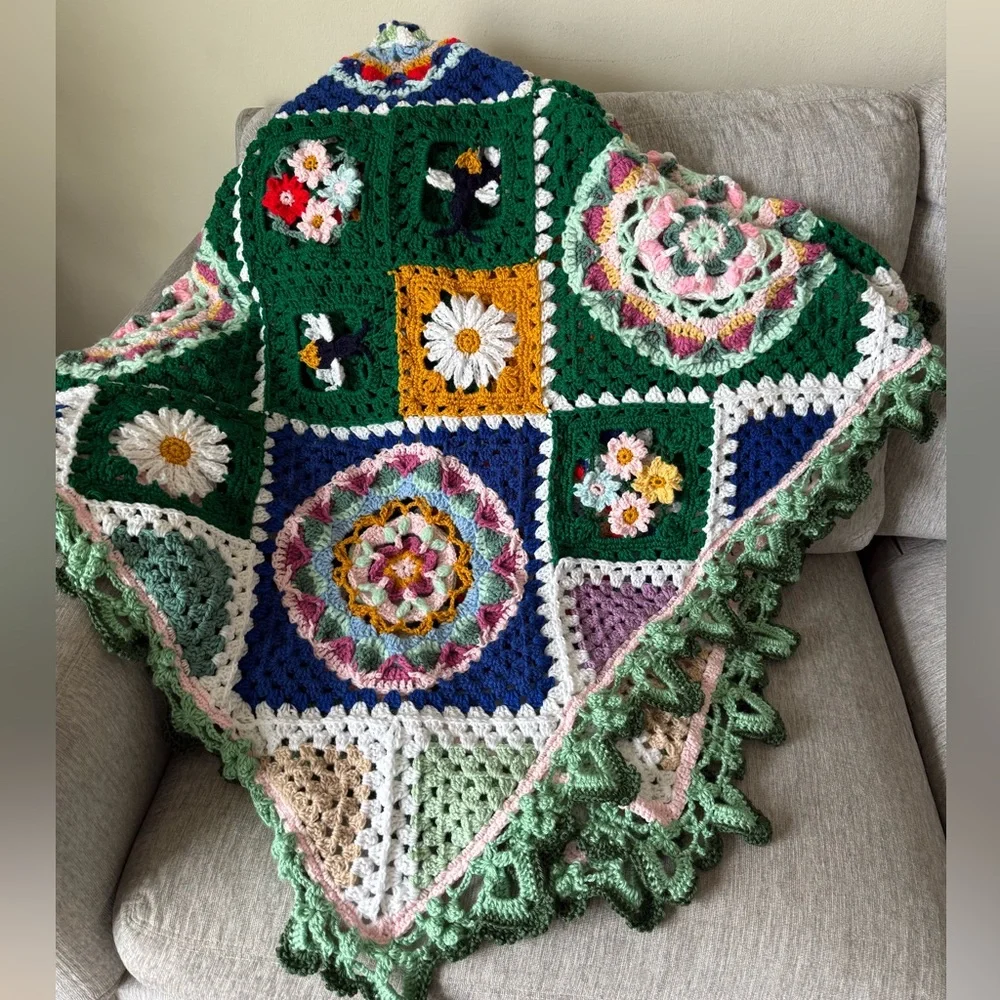 Secret garden style floral granny afghan Handmade Crochet blanket 75” x …